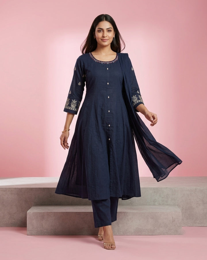 Navy Blue "Classic" Embroidered Flared Cotton Kurta, Pant &amp; Dupatta Set