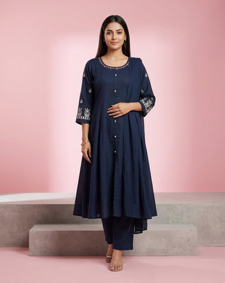 Navy Blue "Classic" Embroidered Flared Cotton Kurta, Pant &amp; Dupatta Set