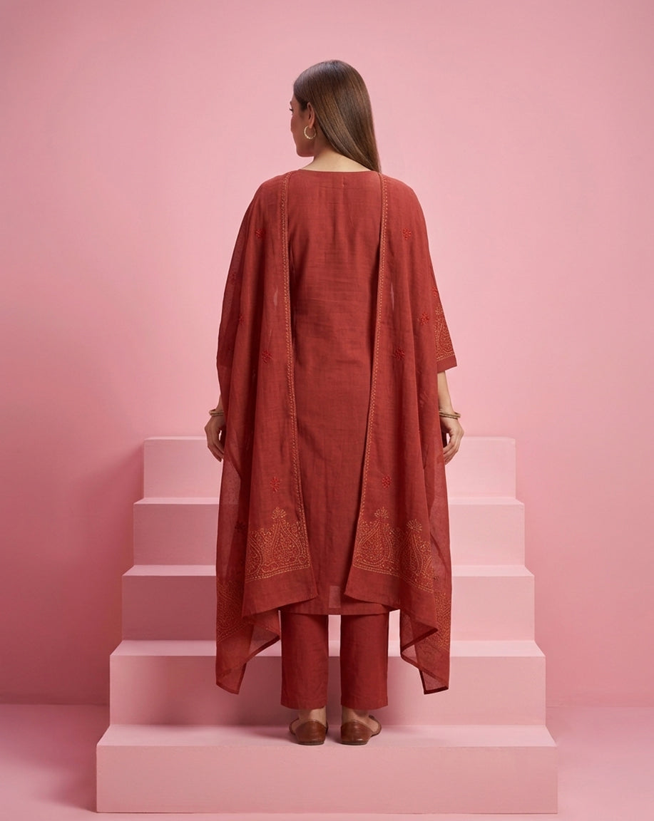 Rust Red "Classic" Embroidered Chanderi Kurta, Pant &amp; Patterned Dupatta Set
