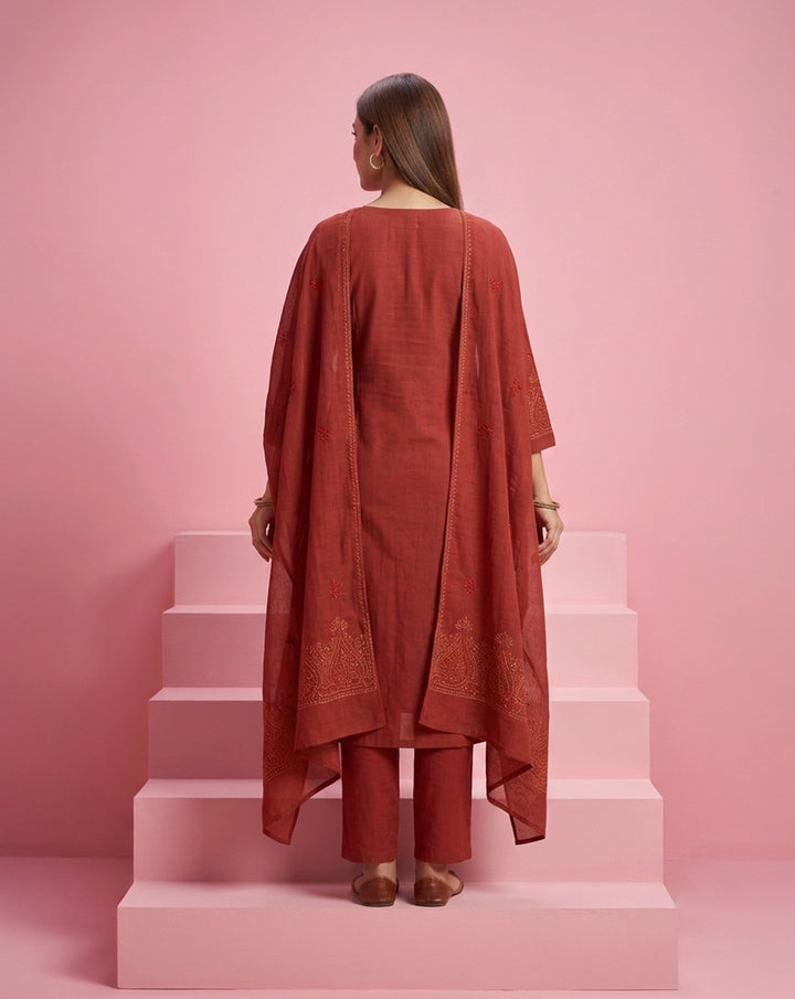 Rust Red "Classic" Embroidered Chanderi Kurta, Pant &amp; Patterned Dupatta Set
