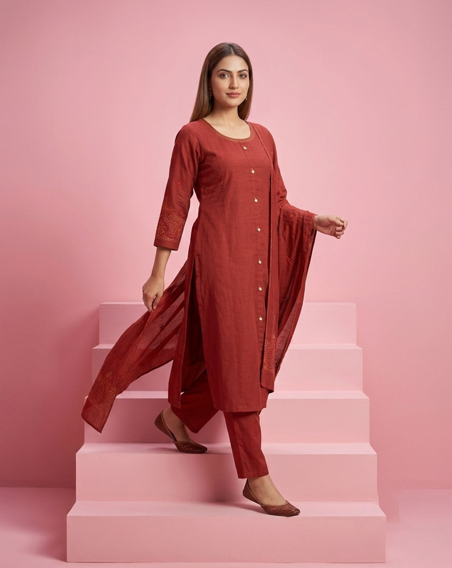 Rust Red "Classic" Embroidered Chanderi Kurta, Pant &amp; Patterned Dupatta Set