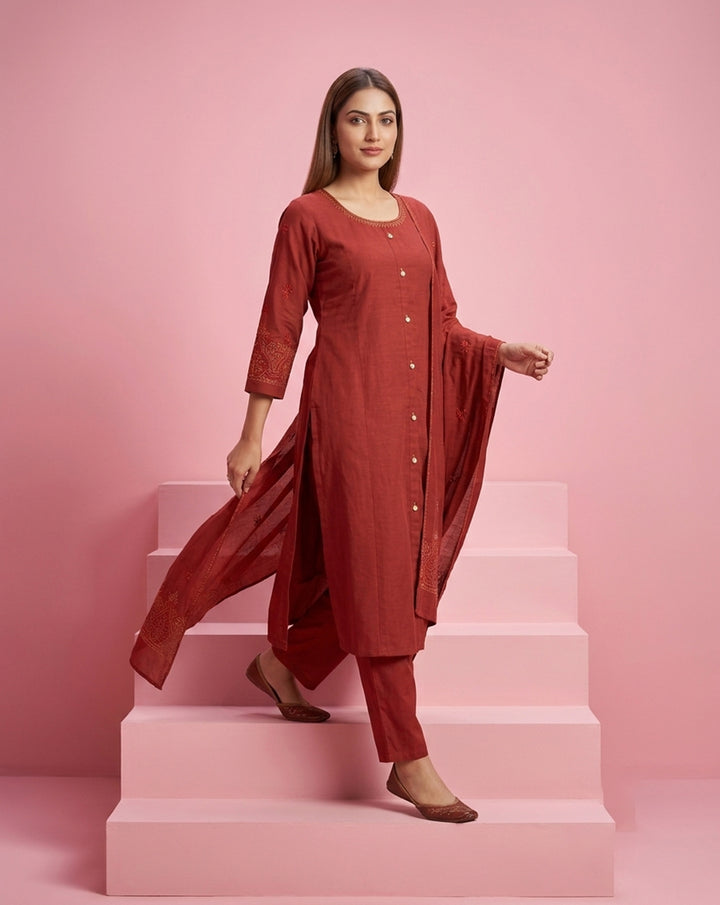 Rust Red "Classic" Embroidered Chanderi Kurta, Pant &amp; Patterned Dupatta Set