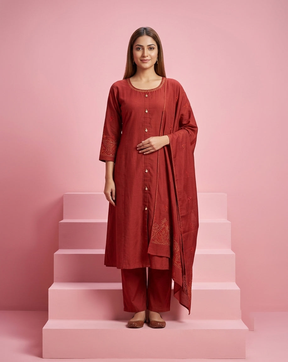 Rust Red "Classic" Embroidered Chanderi Kurta, Pant &amp; Patterned Dupatta Set