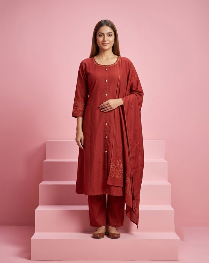 Rust Red "Classic" Embroidered Chanderi Kurta, Pant &amp; Patterned Dupatta Set