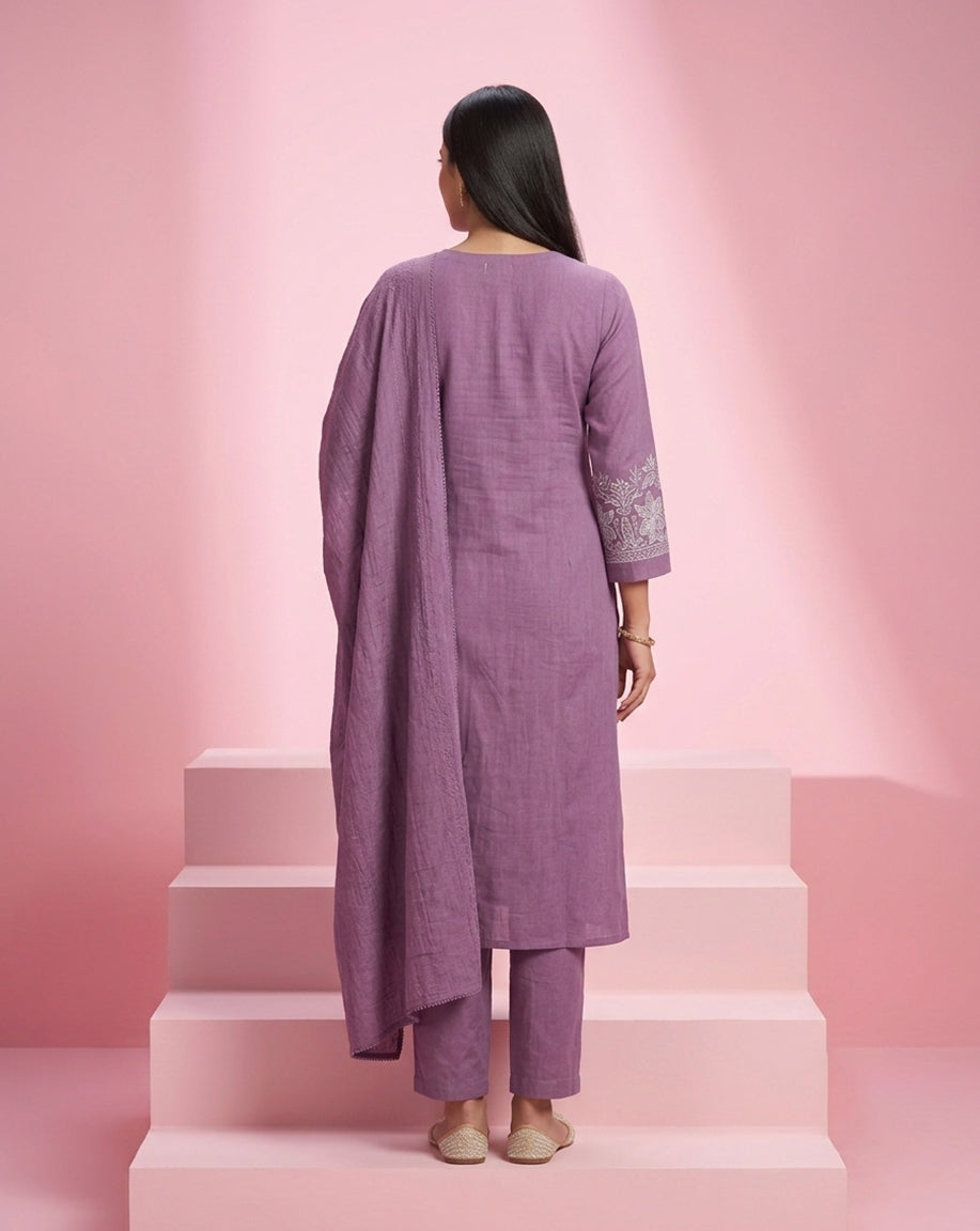 Mauve "Minimalist" Embroidered Cotton Straight Kurta, Pant &amp; Dupatta Set