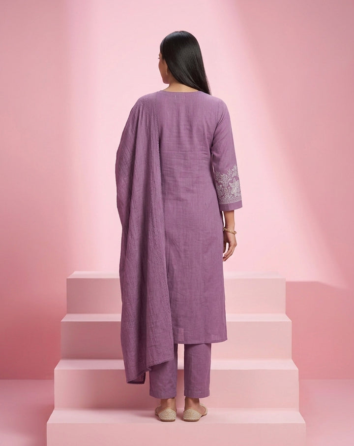 Mauve "Minimalist" Embroidered Cotton Straight Kurta, Pant &amp; Dupatta Set