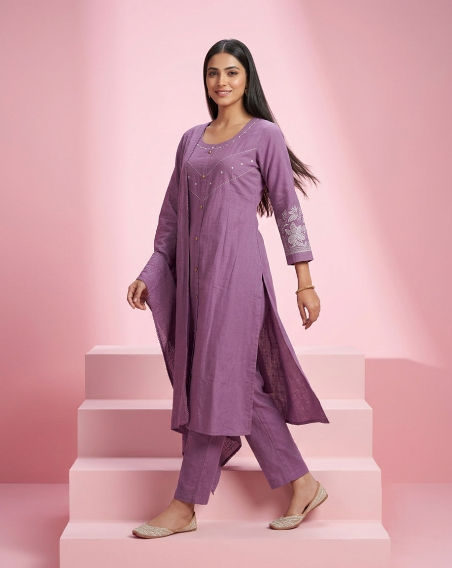 Mauve "Minimalist" Embroidered Cotton Straight Kurta, Pant &amp; Dupatta Set