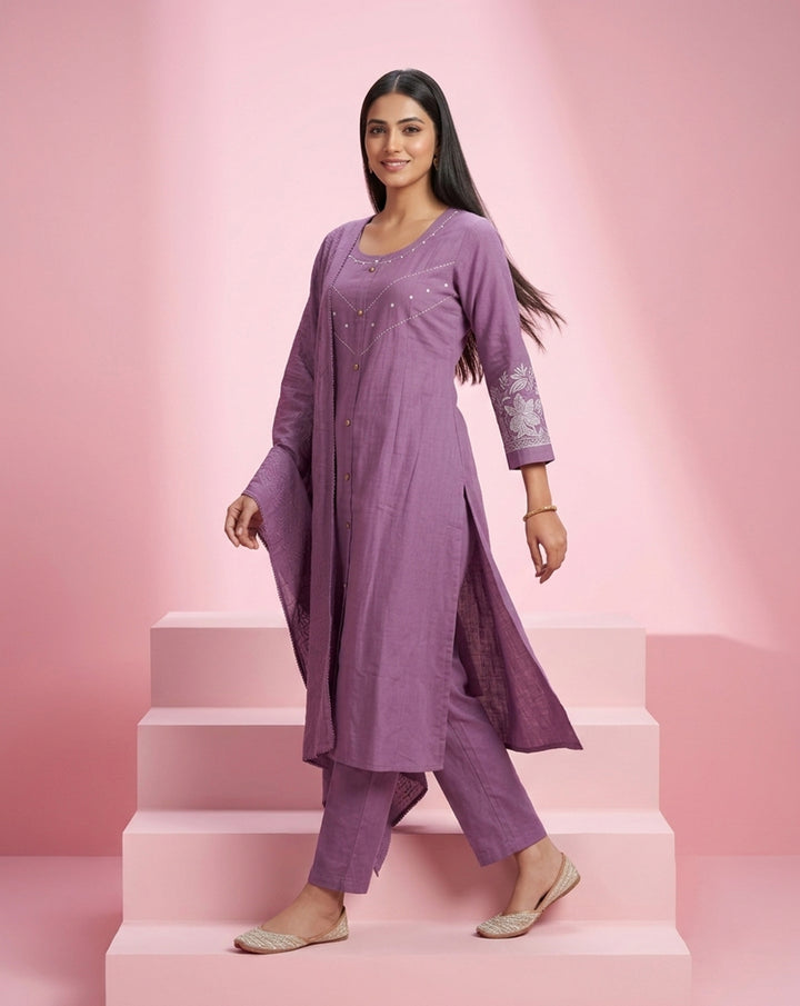 Mauve "Minimalist" Embroidered Cotton Straight Kurta, Pant &amp; Dupatta Set