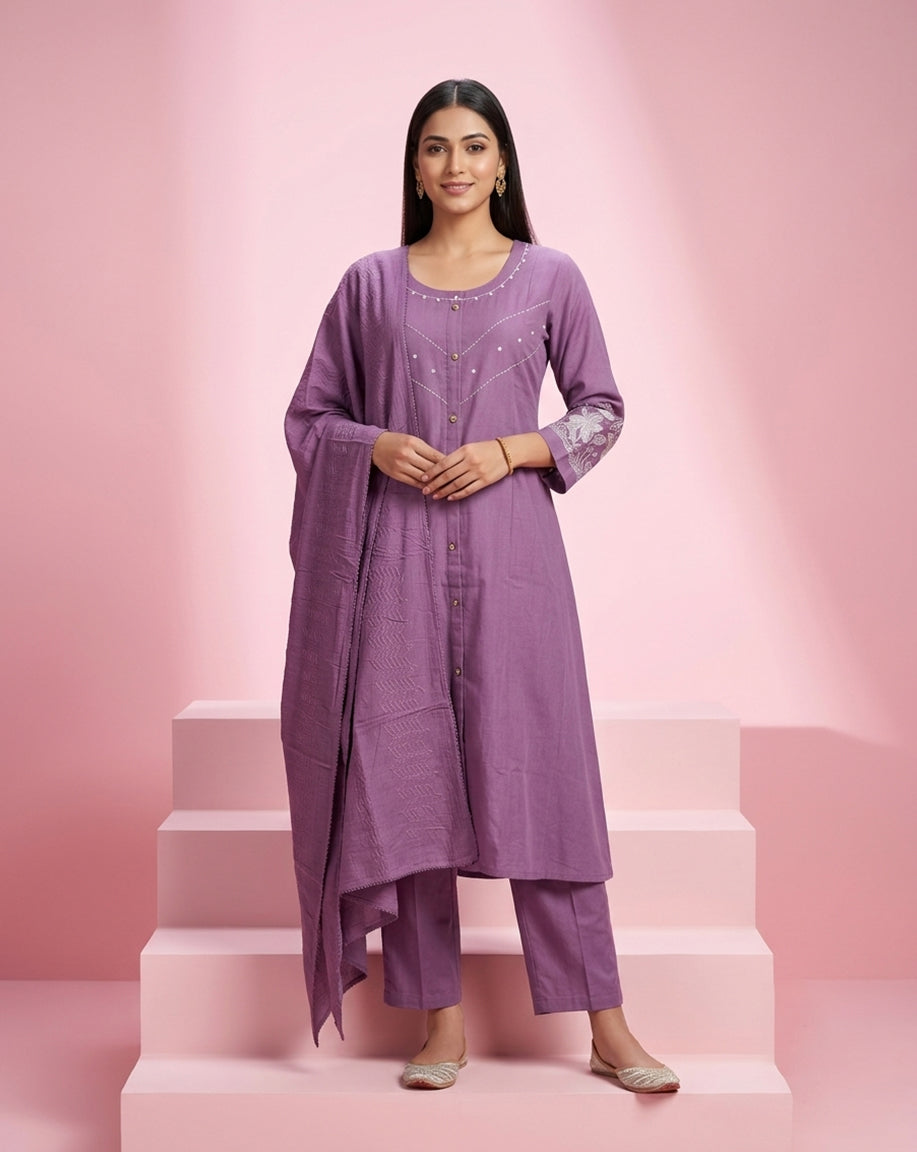 Mauve "Minimalist" Embroidered Cotton Straight Kurta, Pant &amp; Dupatta Set