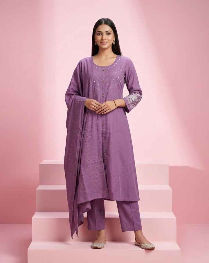 Mauve "Minimalist" Embroidered Cotton Straight Kurta, Pant &amp; Dupatta Set