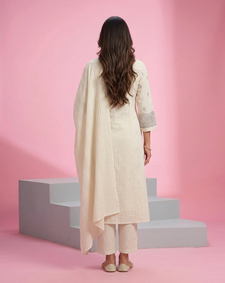 Off-White "Serene" Pintucked Embroidered Cotton Kurta, Pant &amp; Dupatta Set