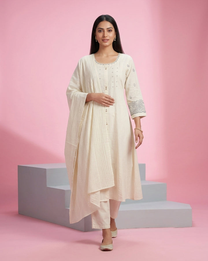 Off-White "Serene" Pintucked Embroidered Cotton Kurta, Pant &amp; Dupatta Set