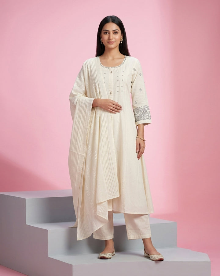 Off-White "Serene" Pintucked Embroidered Cotton Kurta, Pant &amp; Dupatta Set