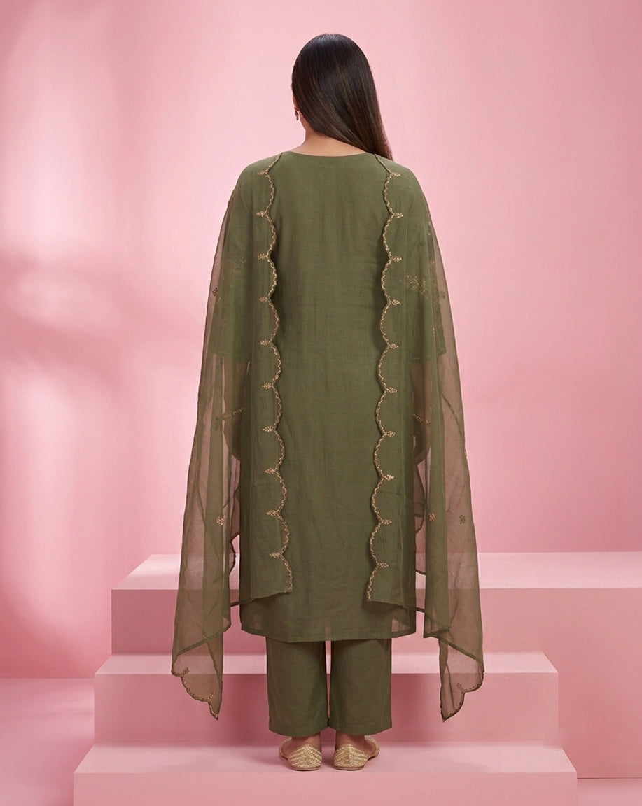 Olive Green "Botanical" Embroidered Chanderi Kurta, Pant &amp; Scalloped Dupatta Set