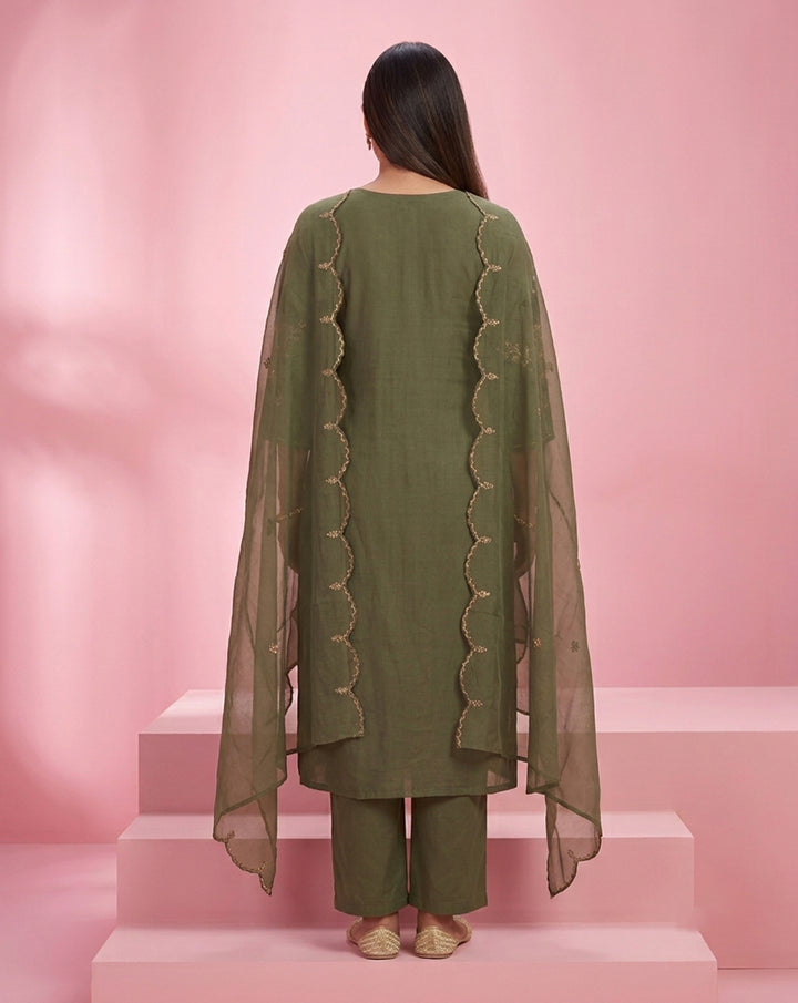 Olive Green "Botanical" Embroidered Chanderi Kurta, Pant &amp; Scalloped Dupatta Set