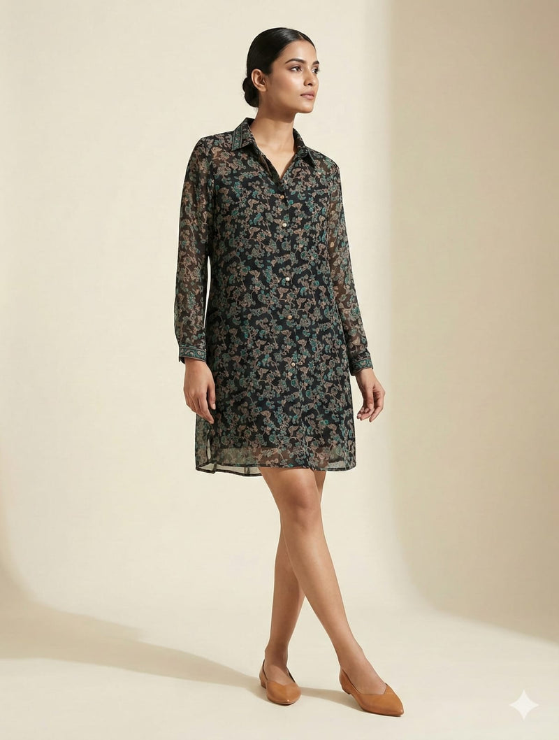 Earthy Paisley Printed Italian Crape Shirt Dress