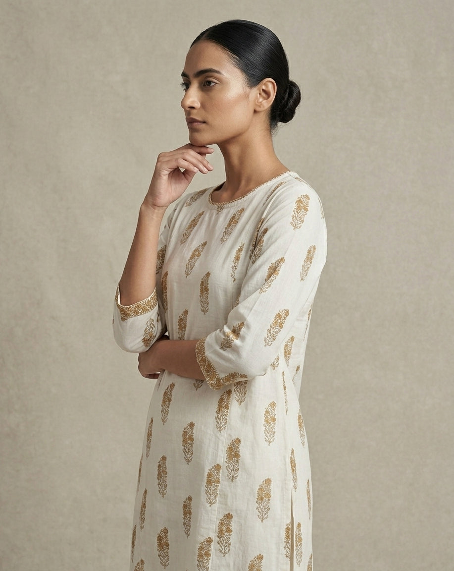 Elegant Floral Print Cotton Straight Kurta