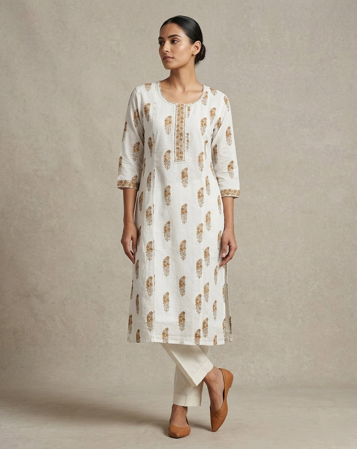 Elegant Floral Print Cotton Straight Kurta