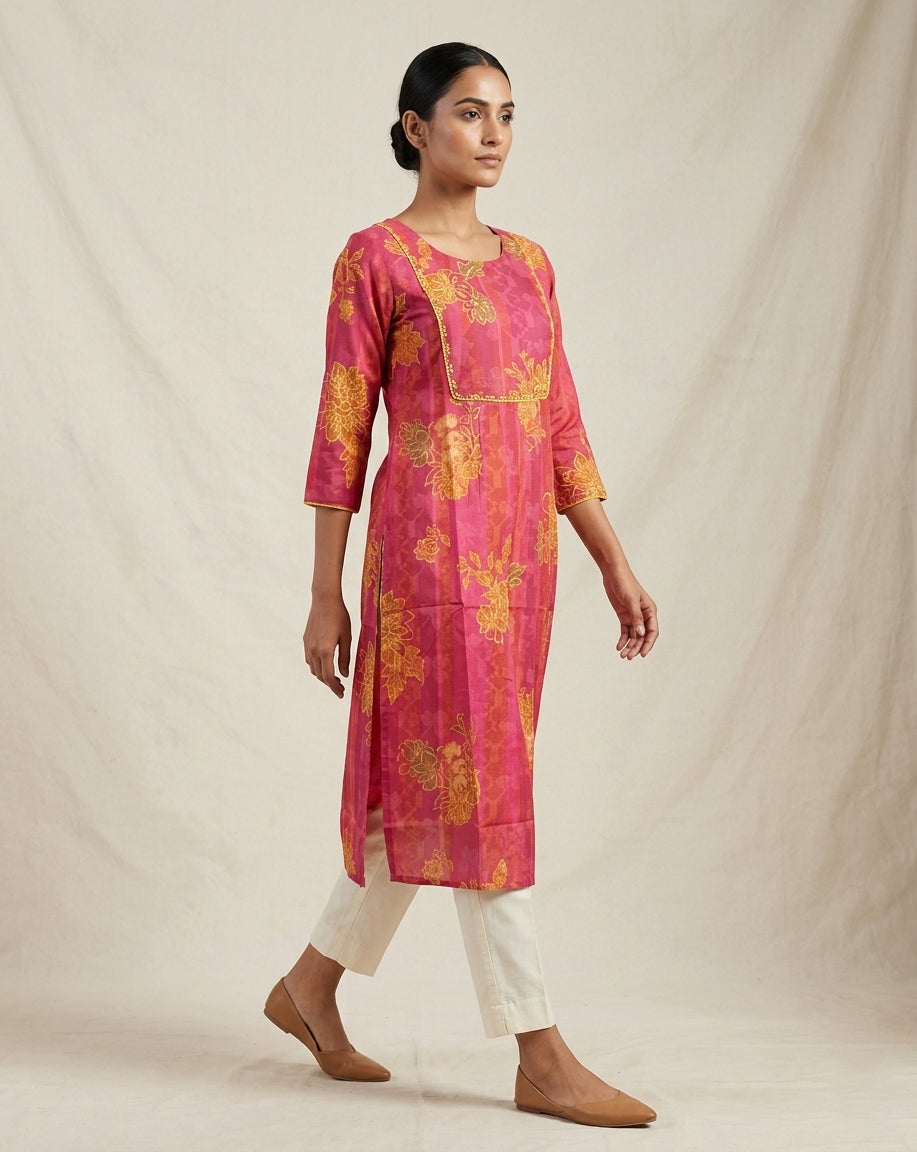 Rani Floral Block-Print Cotton Straight Kurti