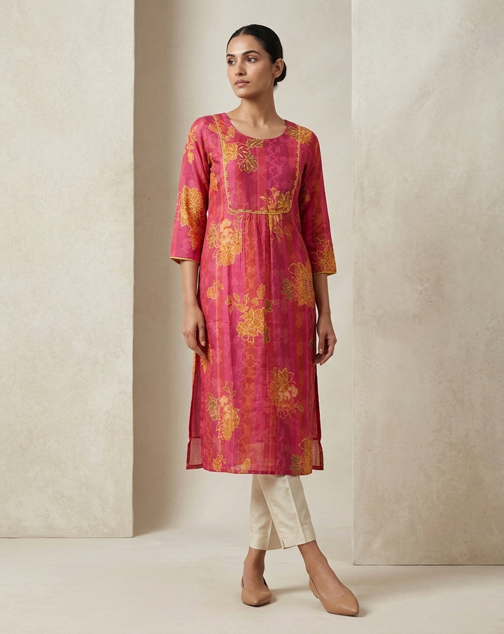 Rani Floral Block-Print Cotton Straight Kurti