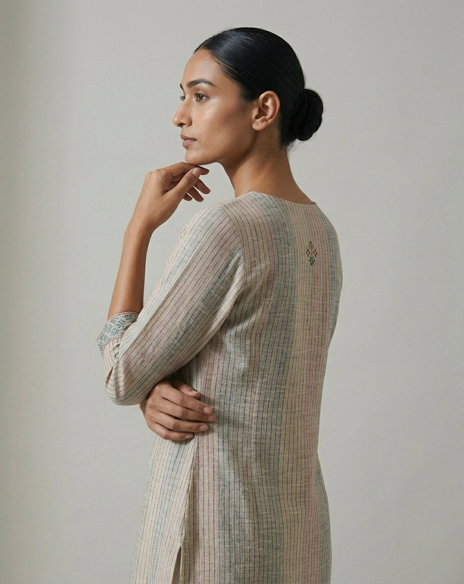Mauve &amp; Grey Floral Block-Print Cotton Straight Kurti