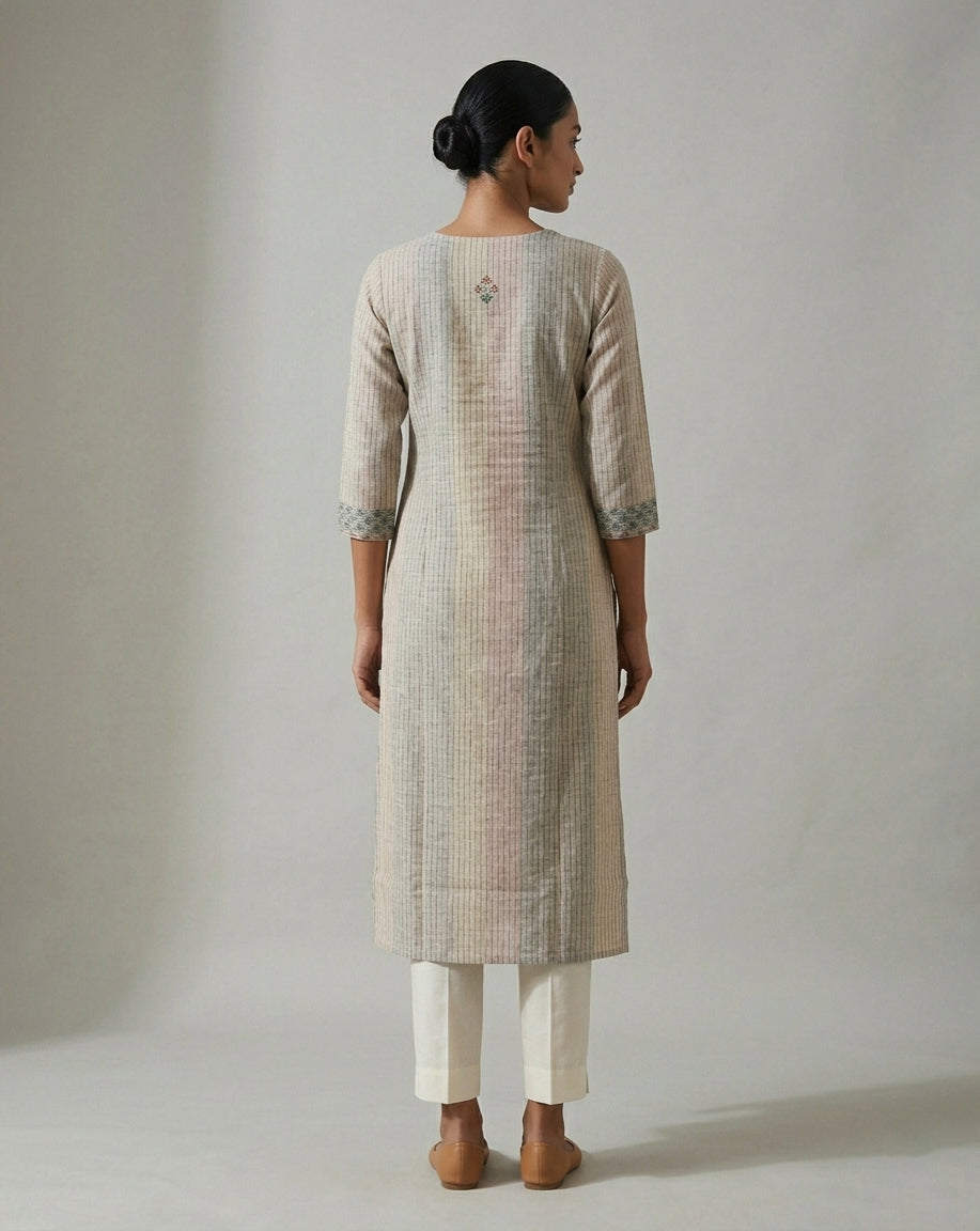 Mauve &amp; Grey Floral Block-Print Cotton Straight Kurti