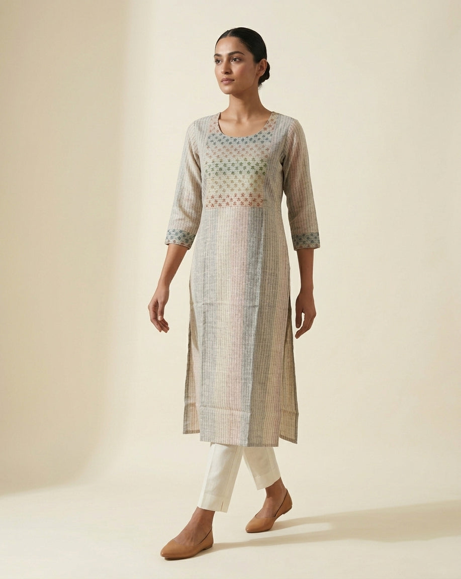 Mauve &amp; Grey Floral Block-Print Cotton Straight Kurti