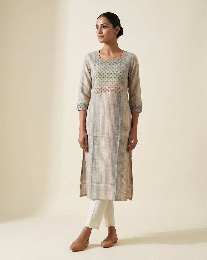 Mauve &amp; Grey Floral Block-Print Cotton Straight Kurti