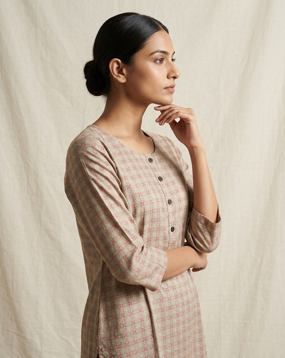 Beige  Geometric Micro-Print Cotton Straight Kurti