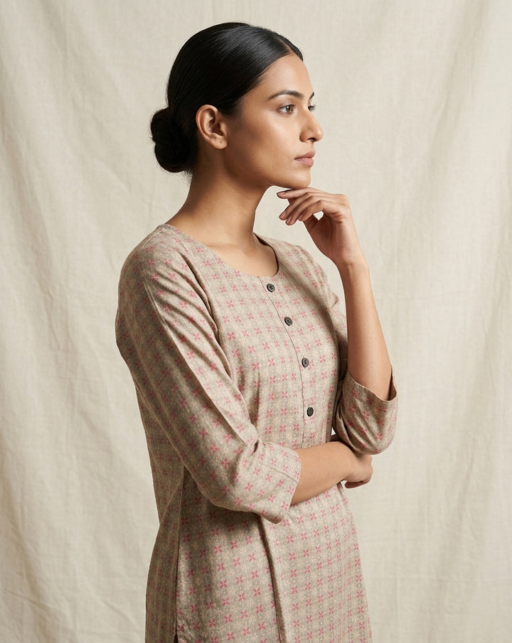 Beige  Geometric Micro-Print Cotton Straight Kurti