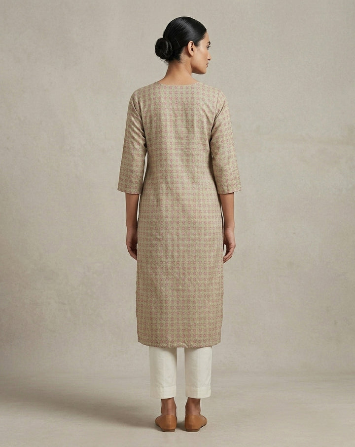 Beige  Geometric Micro-Print Cotton Straight Kurti