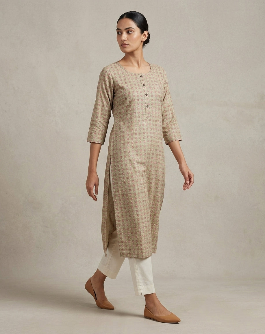 Beige  Geometric Micro-Print Cotton Straight Kurti