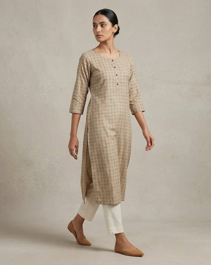 Beige  Geometric Micro-Print Cotton Straight Kurti