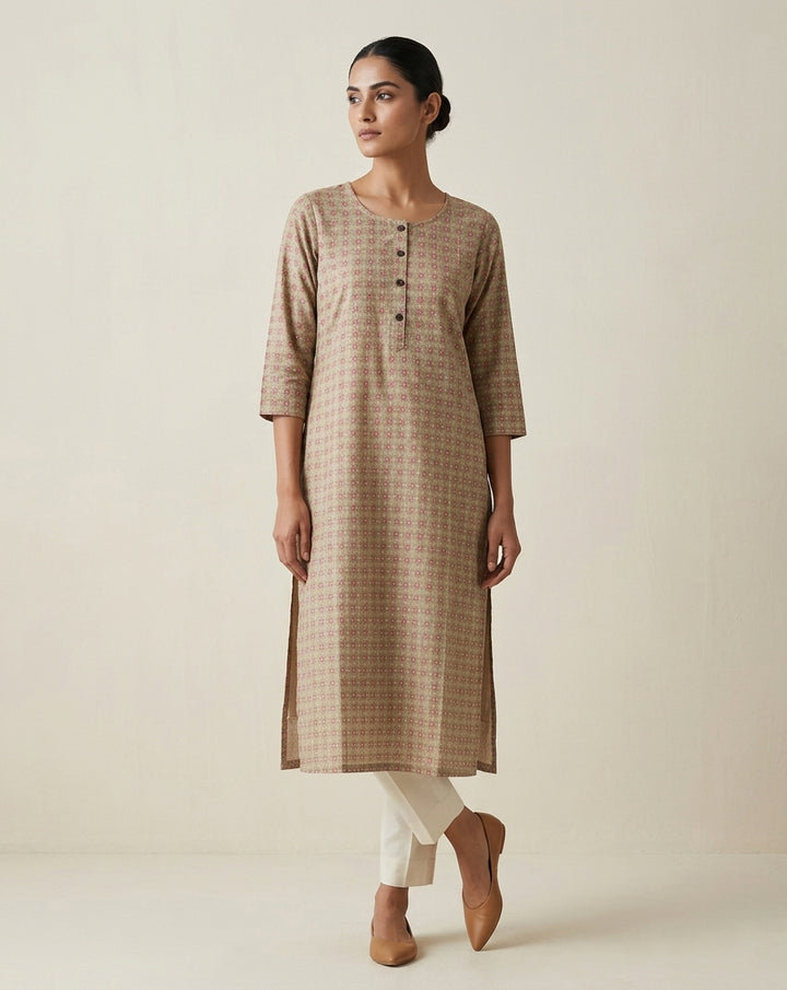 Beige  Geometric Micro-Print Cotton Straight Kurti