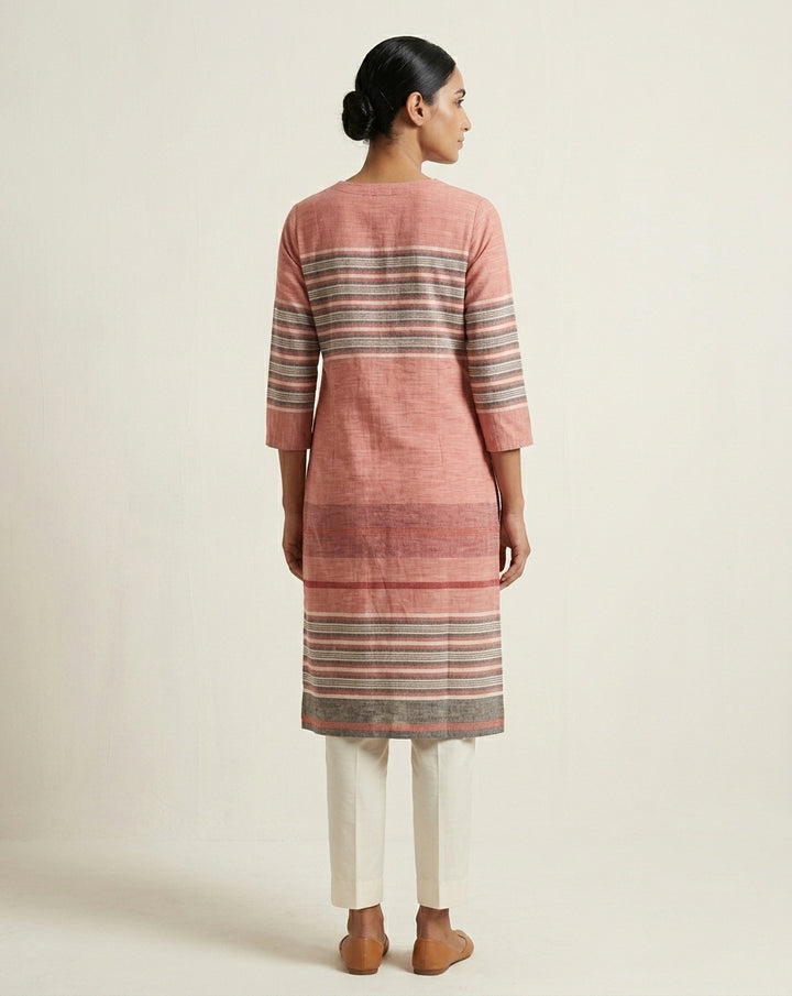 Grey Geometric Ikkat Stripe Cotton Kurta