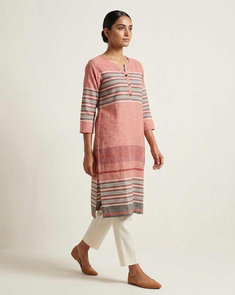 Grey Geometric Ikkat Stripe Cotton Kurta