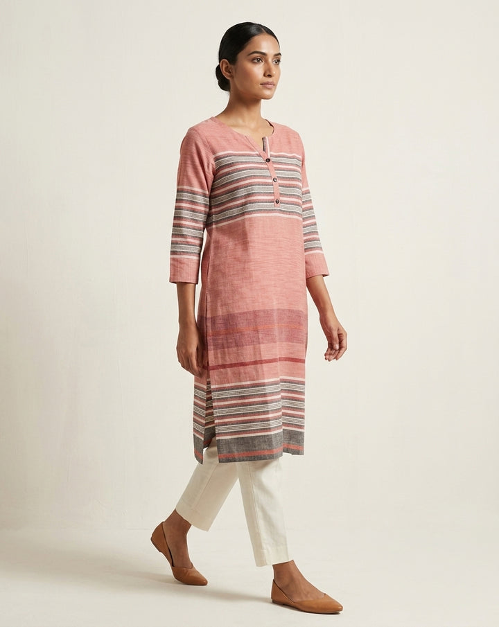 Grey Geometric Ikkat Stripe Cotton Kurta