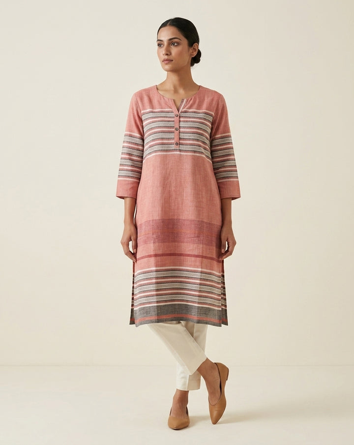 Grey Geometric Ikkat Stripe Cotton Kurta