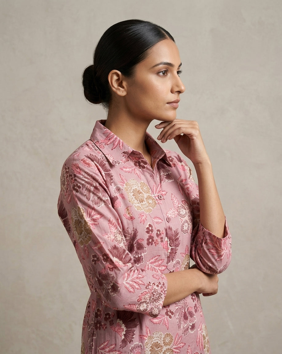 Mauve Pink Floral Blossom Pure Cotton Shirt-Collar Kurta