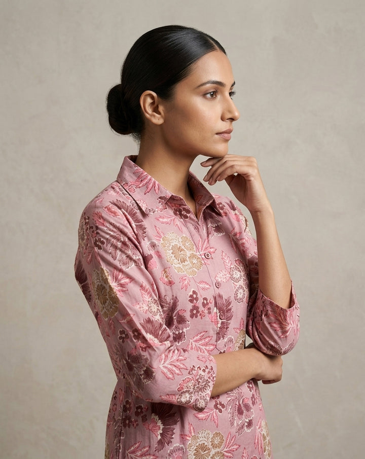 Mauve Pink Floral Blossom Pure Cotton Shirt-Collar Kurta