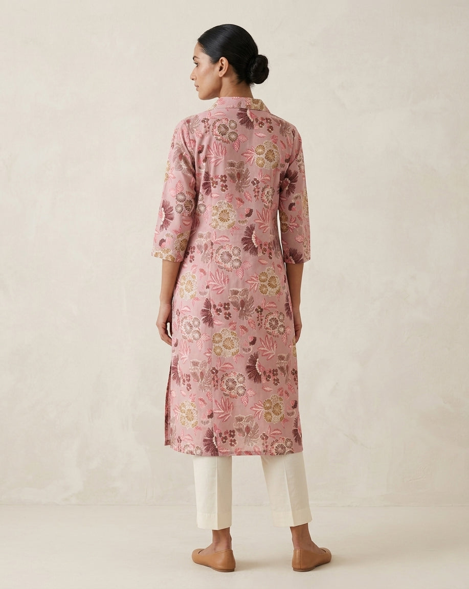 Mauve Pink Floral Blossom Pure Cotton Shirt-Collar Kurta