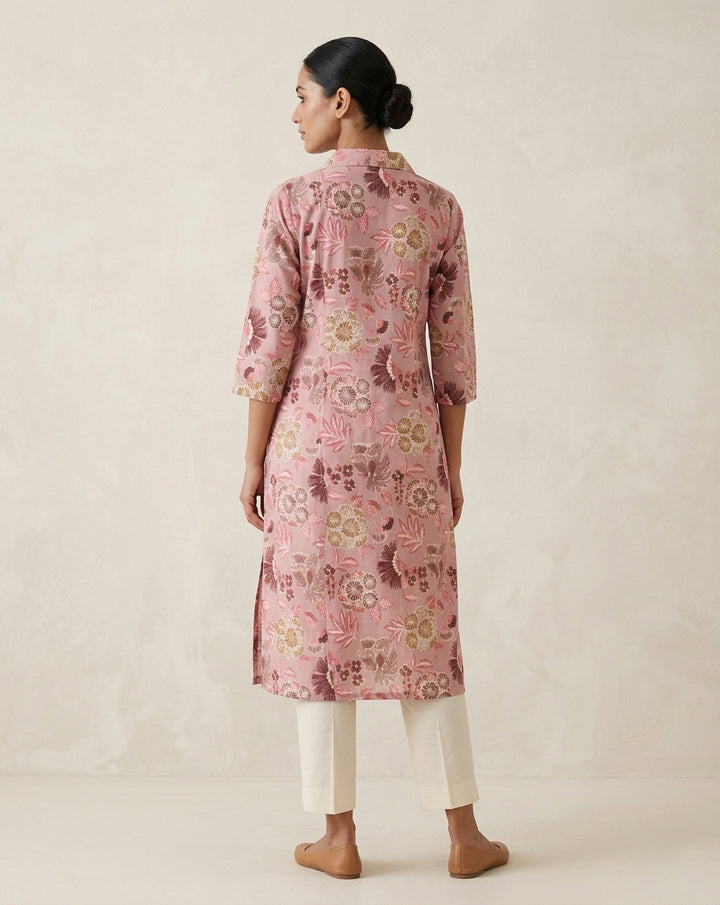 Mauve Pink Floral Blossom Pure Cotton Shirt-Collar Kurta