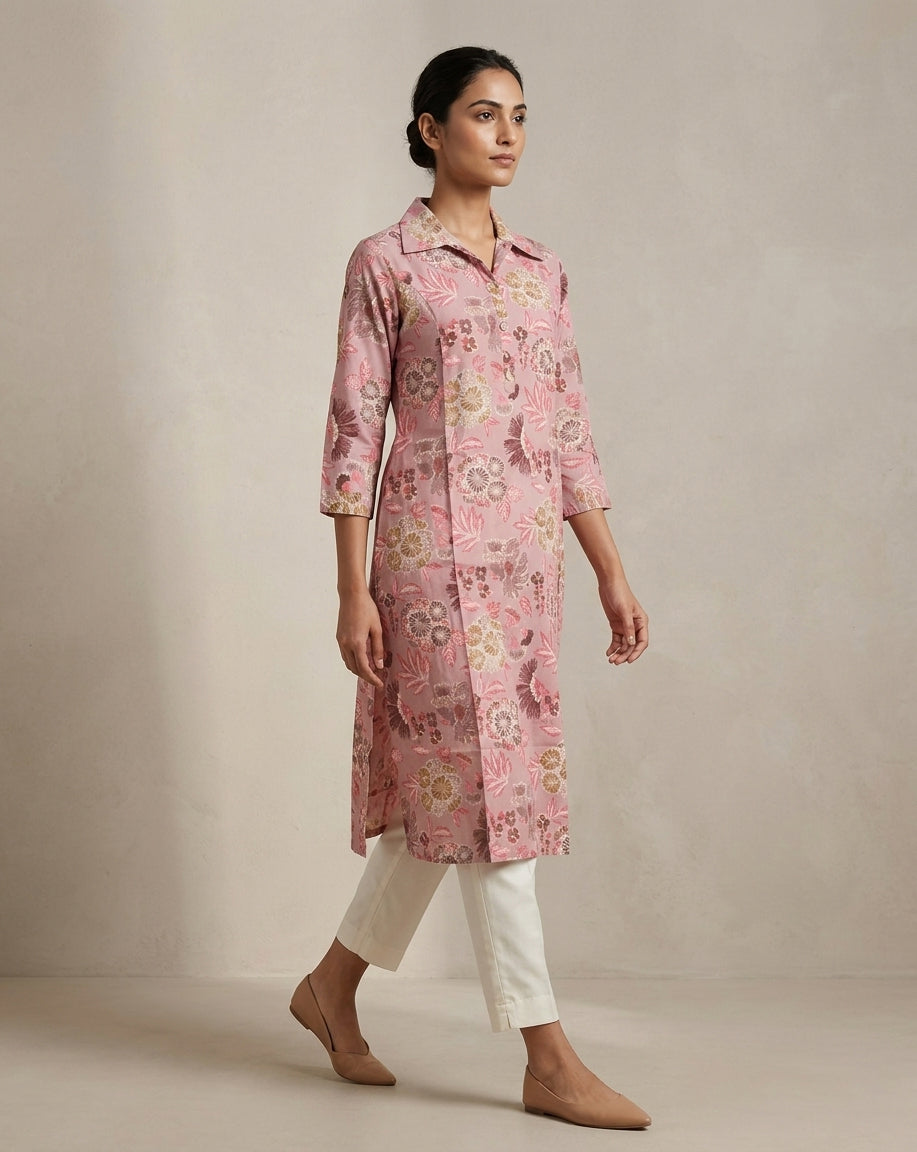 Mauve Pink Floral Blossom Pure Cotton Shirt-Collar Kurta