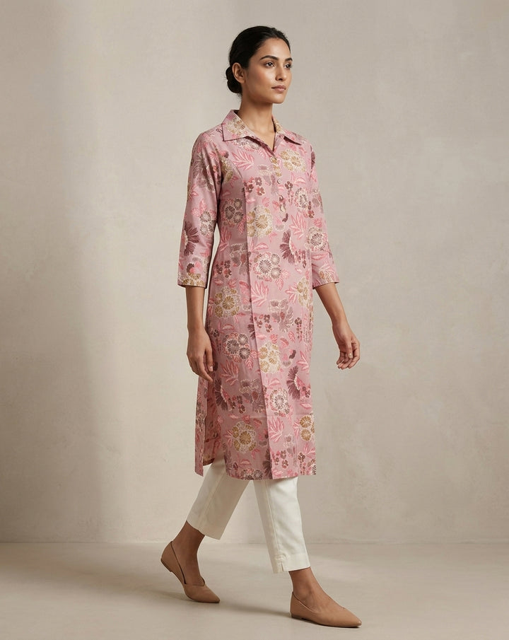 Mauve Pink Floral Blossom Pure Cotton Shirt-Collar Kurta