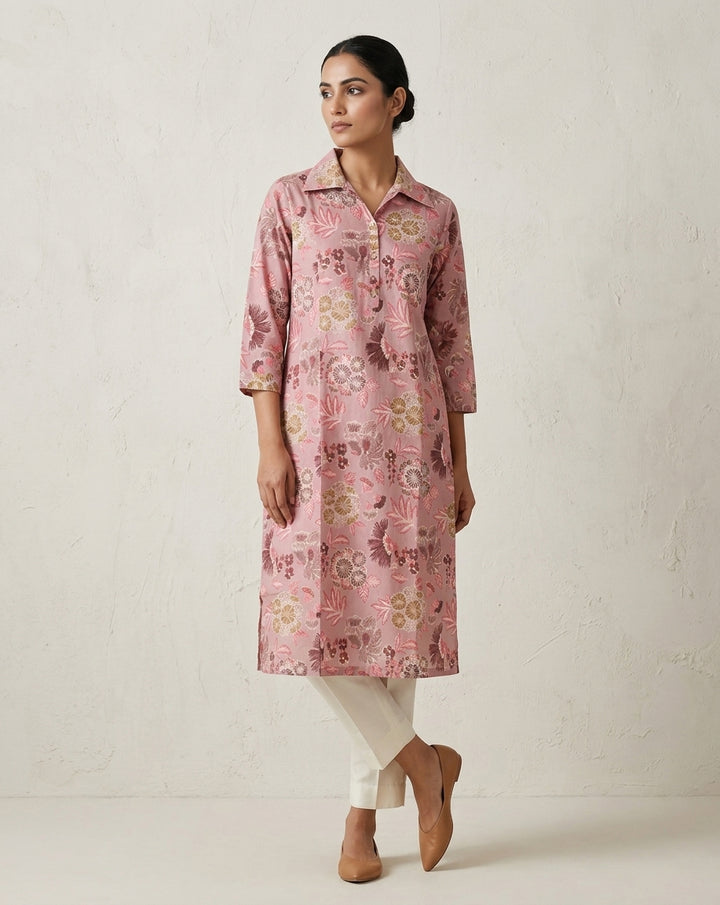 Mauve Pink Floral Blossom Pure Cotton Shirt-Collar Kurta