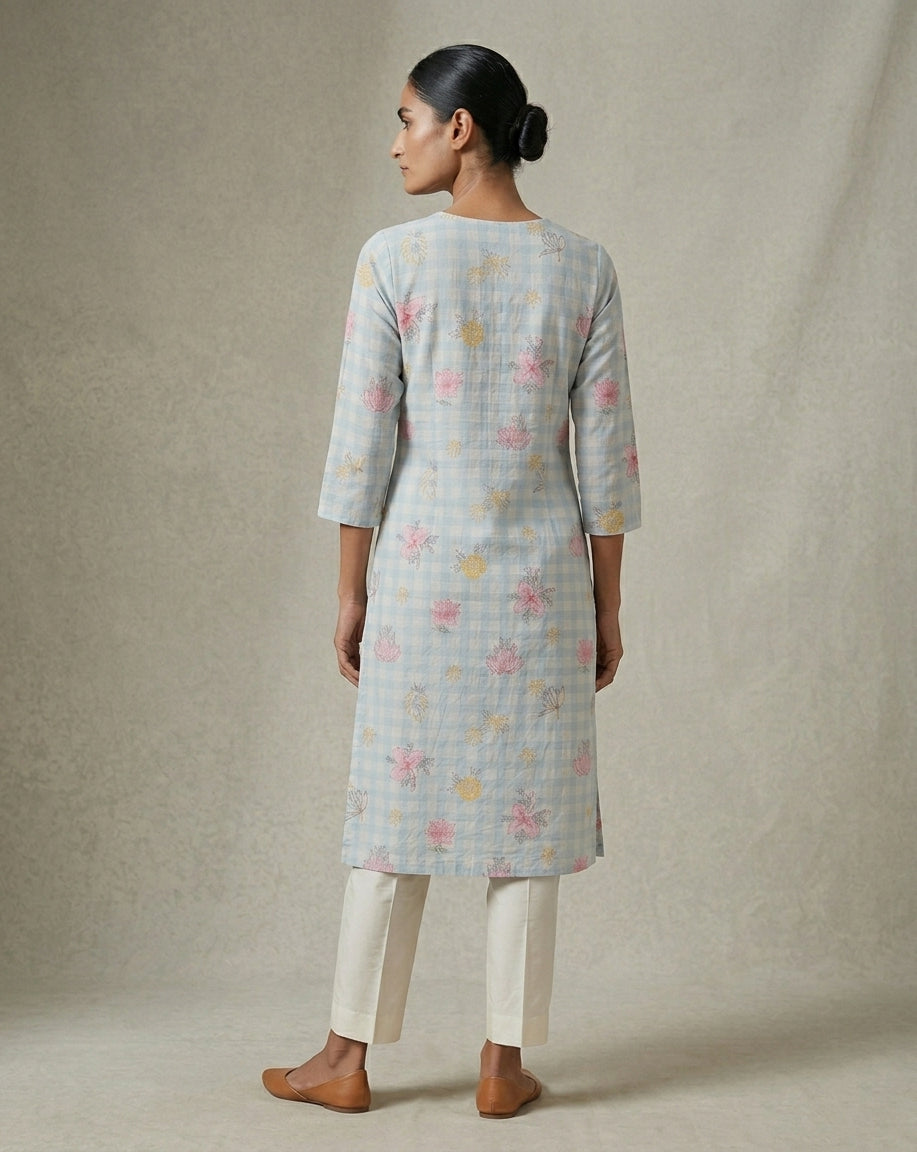 Powder Blue Gingham Checked Cotton Kurta
