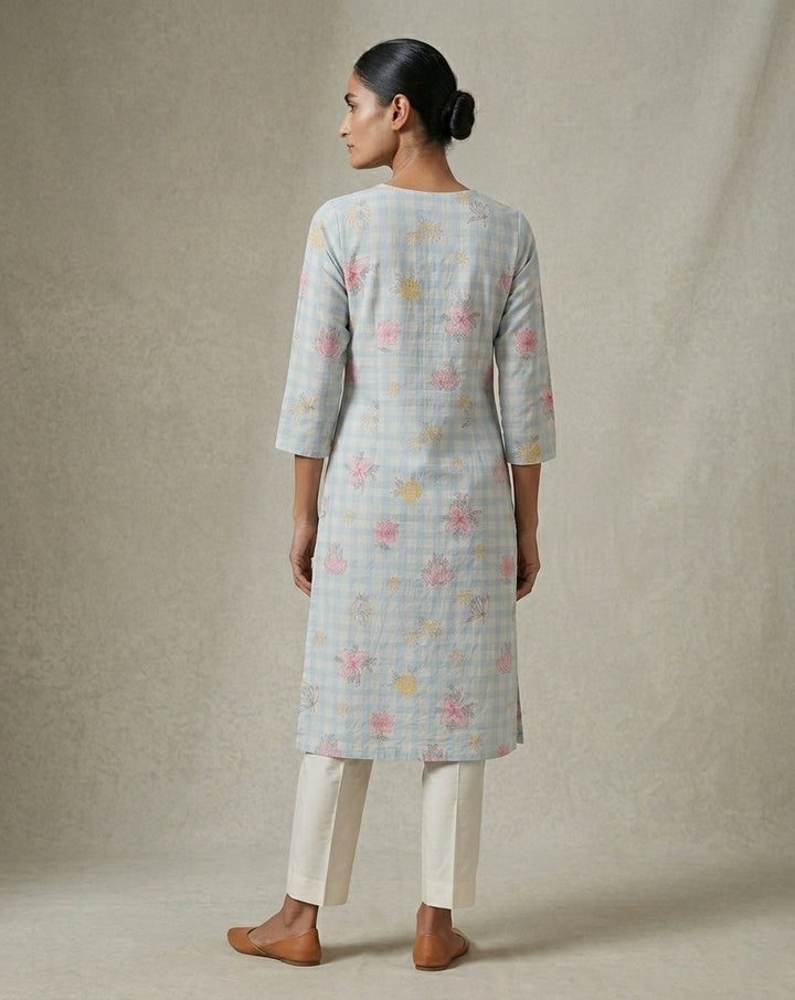 Powder Blue Gingham Checked Cotton Kurta