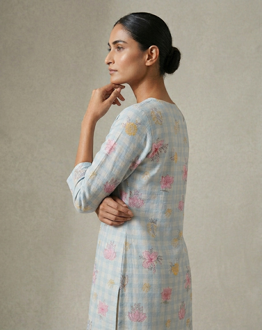 Powder Blue Gingham Checked Cotton Kurta