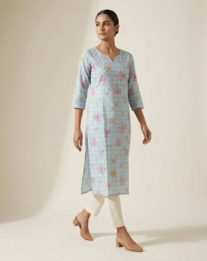 Powder Blue Gingham Checked Cotton Kurta