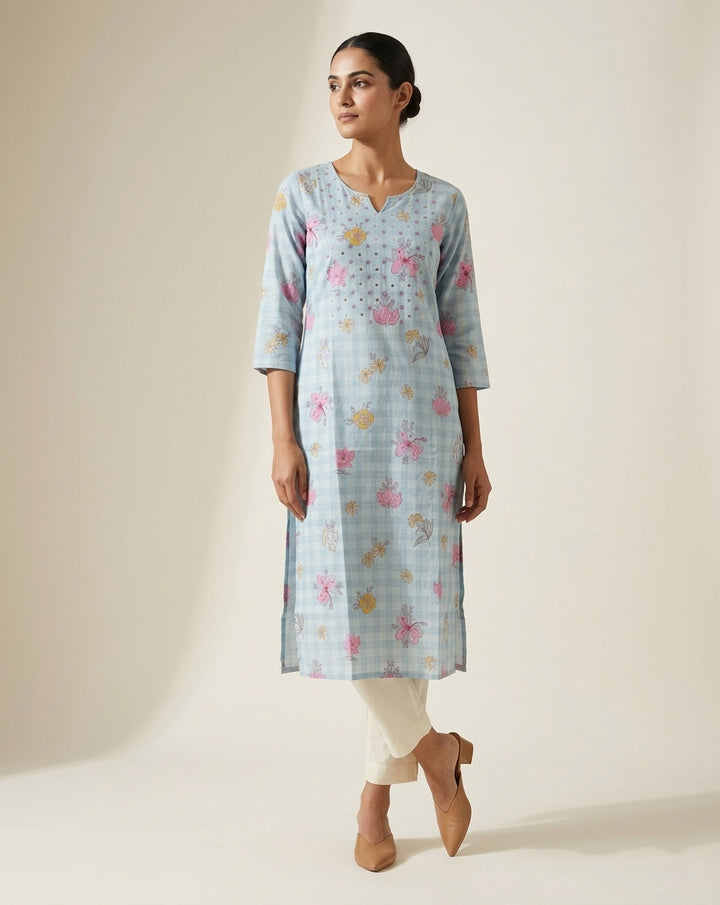 Powder Blue Gingham Checked Cotton Kurta